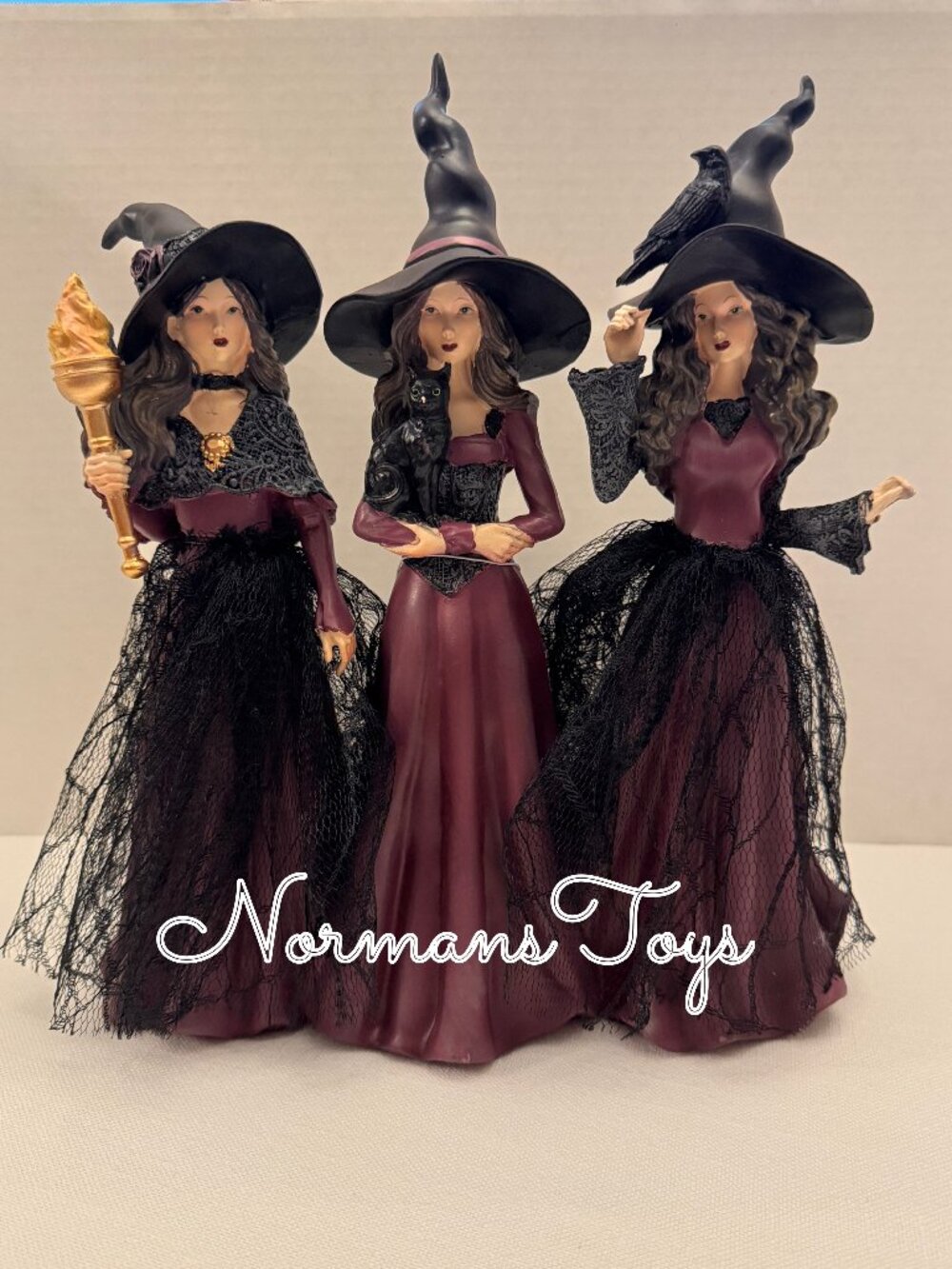 Viral Eerie Charm 3 Pc Witch Figurine Set Halloween Decor Black Cat Raven 12"